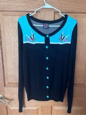 Too Fast brand Black Cardigan with Turquoise Yoke and Swallow Embroidery